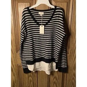 LUCKY BRAND women's Black/white striped layered v-neck long sleeve sweater SZ S